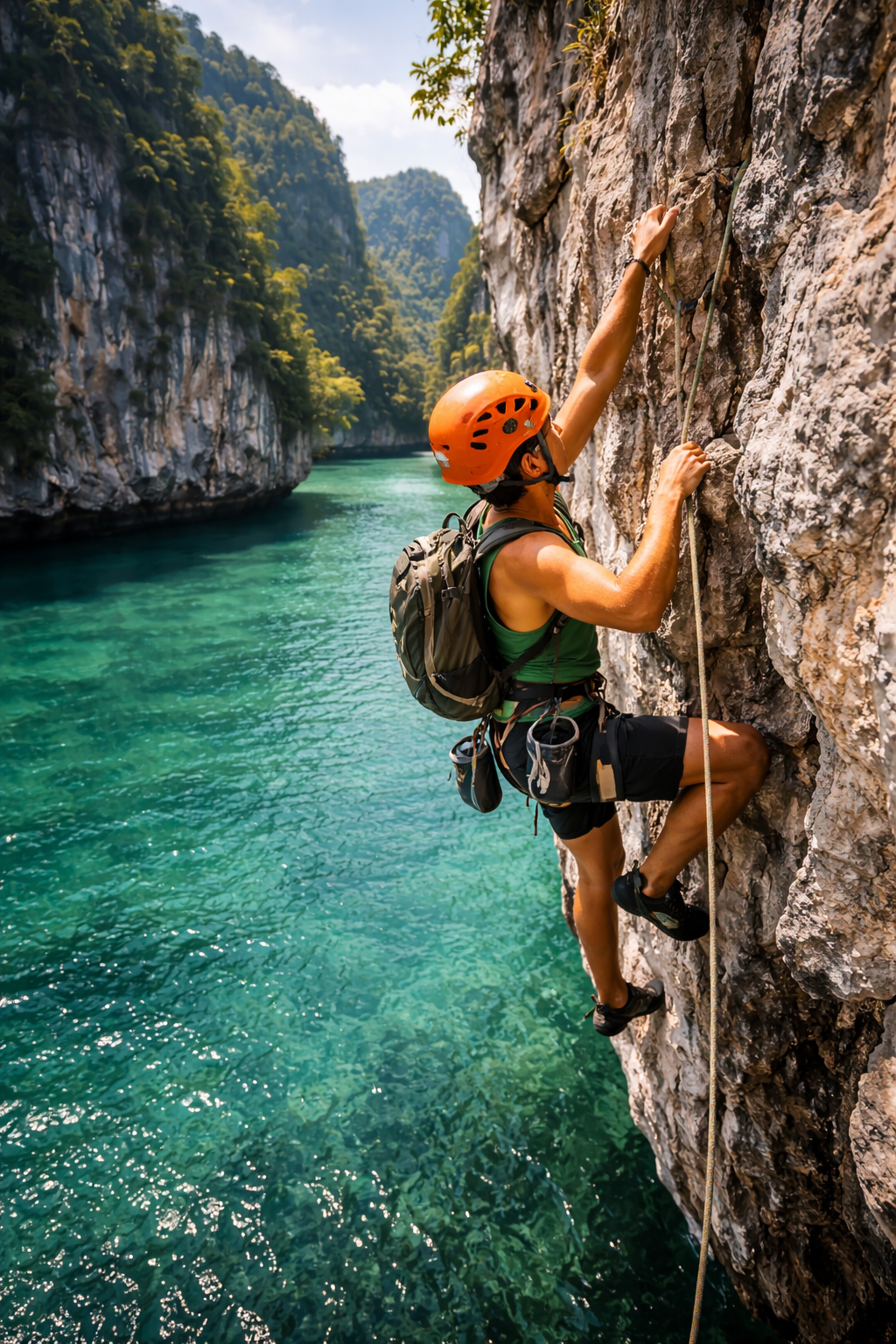 Rock climbing on Thai limestone cliffs